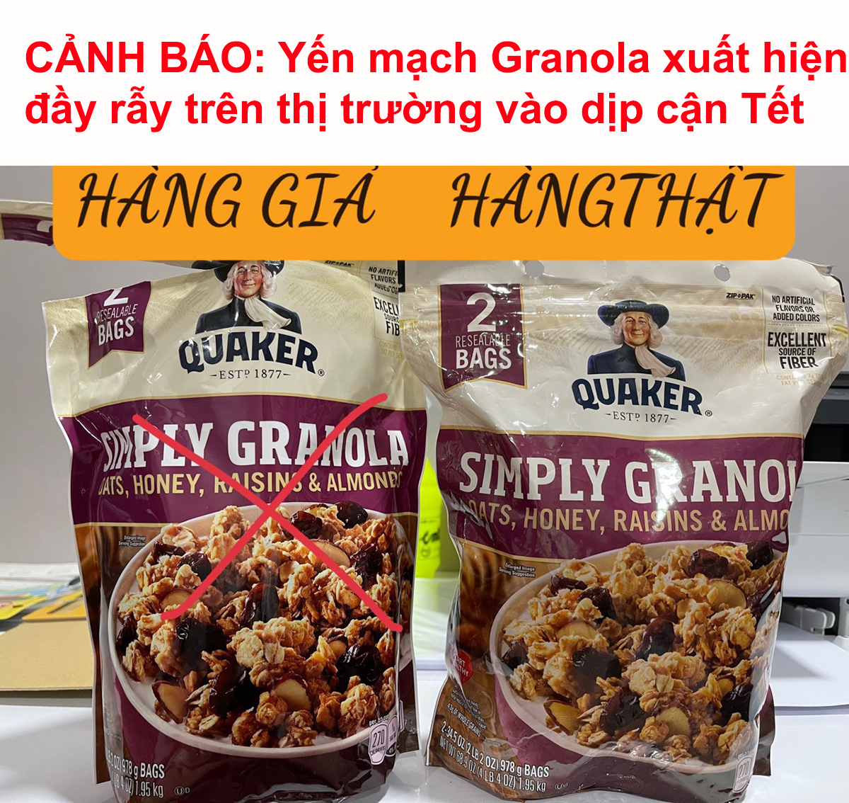cảnh báo yến mạch quaker granola xuất hiện nhiều hàng giả trên thị trường